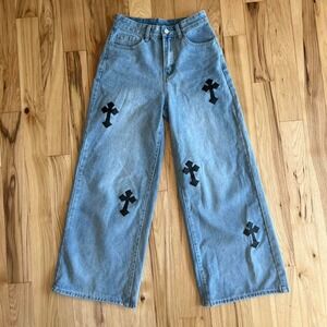 Romwe wide leg jeans with crosses grunge skater punk indie emo  Size 4‎ Waist 27